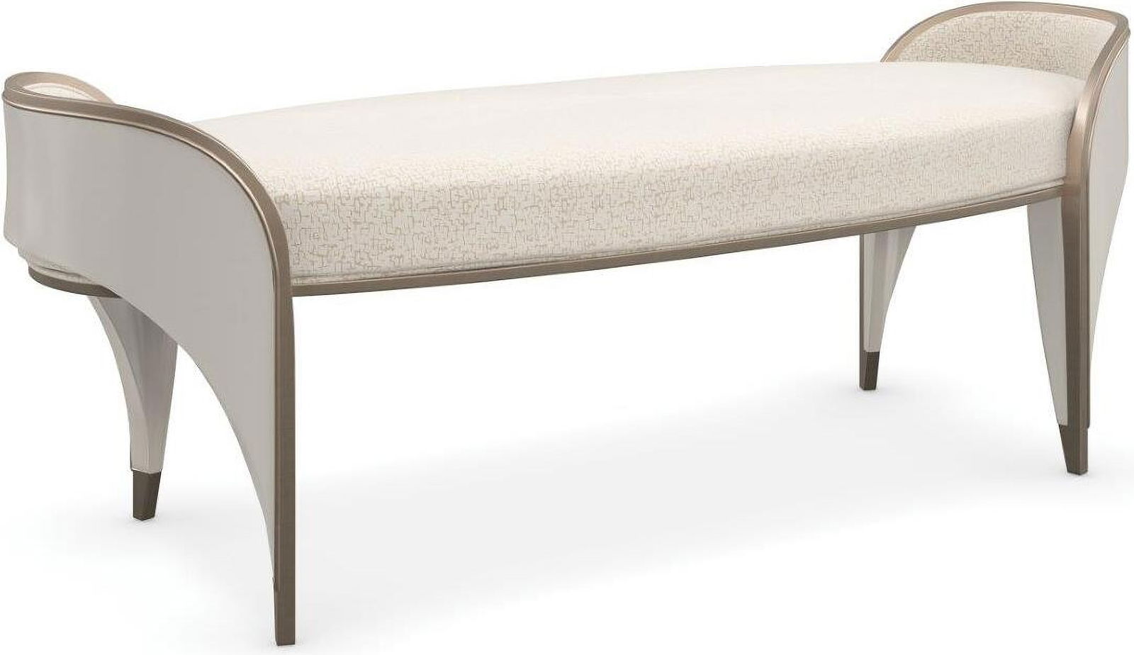 Caracole Compositions Valentina Bed Bench: Caracole Compositions Valentina Bed Bench An oval bench with exposed wood arching end panels in Matte Pearl are trimmed in Golden Shimmer painted molding. The interior panels and seat are upholstered