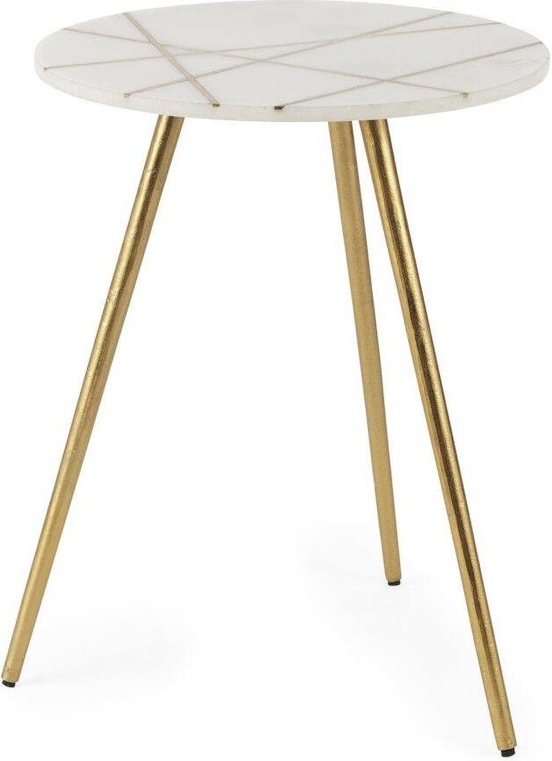 Vivienne White Marble With Antique Gold Metal Round Large Accent Table: Vivienne White Marble With Antique Gold Metal Round Large Accent Table This table measures 18.0L x 18.0W x 23.0H. This round side table features a clean, iron frame beneath a thick, marble top - a sim