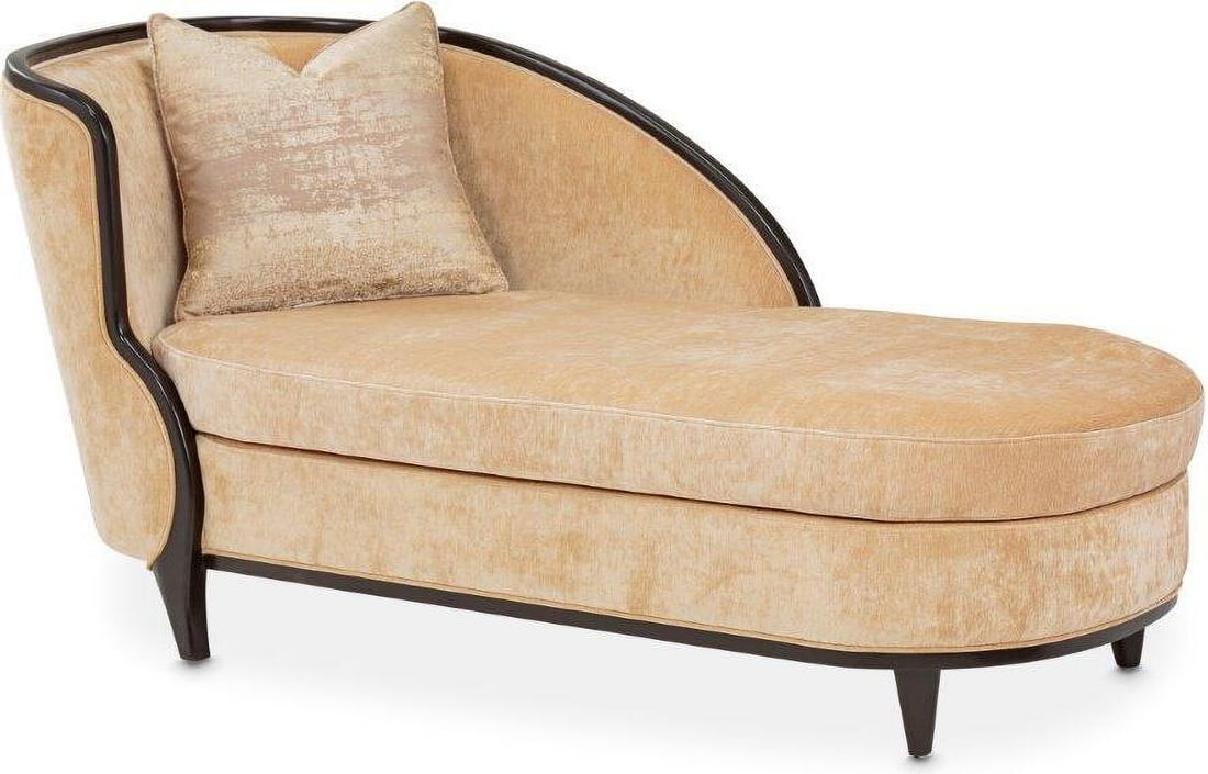 Malibu Crest Chaise In Honey and Dark Espresso: Malibu Crest Chaise In Honey and Dark Espresso The Malibu Crest Chaise is perfect for lounging in luxury. The glowing sheen of the chenille and the sweeping lines of the arms show off your more glamor