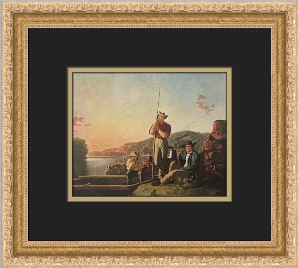 George Caleb Bingham The Wood-Boat Framed Print 1957: George Caleb Bingham The Wood-Boat Framed Print 1957 This custom framed print titled 'The Wood-Boat' by artist George Caleb Bingham, produced in 1957, showcases a landscape orientation in the Impressi