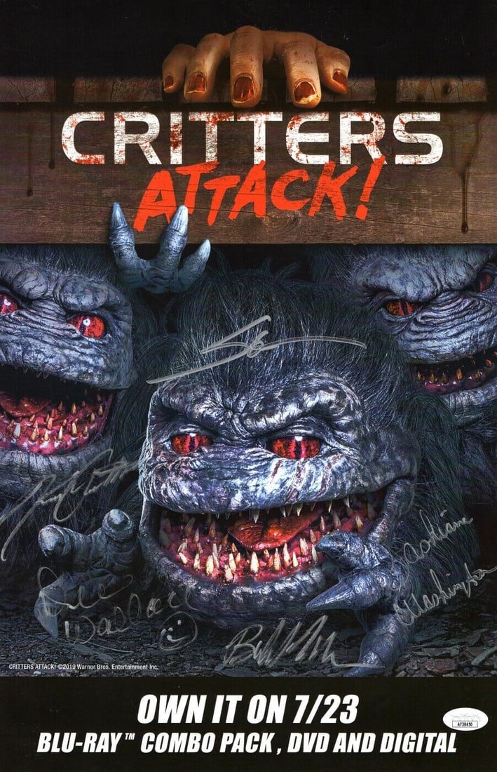 Critters Attack Cast Signed Poster 11X17 JSA Authenticated: Critters Attack Cast Signed Poster 11X17 JSA Authenticated This original 11x17 poster for 'Critters Attack!' features autographs from cast members Steve Blum, Keith Arbuthnot, and Dee Wallace. Authent
