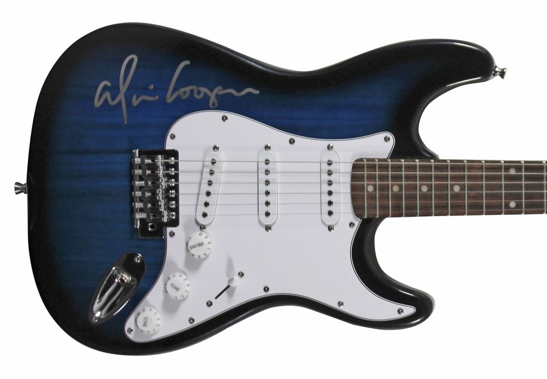Alice Cooper Signed Blue Sunburst Electric Guitar: Alice Cooper Signed Blue Sunburst Electric Guitar This original blue sunburst electric guitar is signed by the legendary Alice Cooper. Authenticated by Beckett with a certificate of authenticity, this