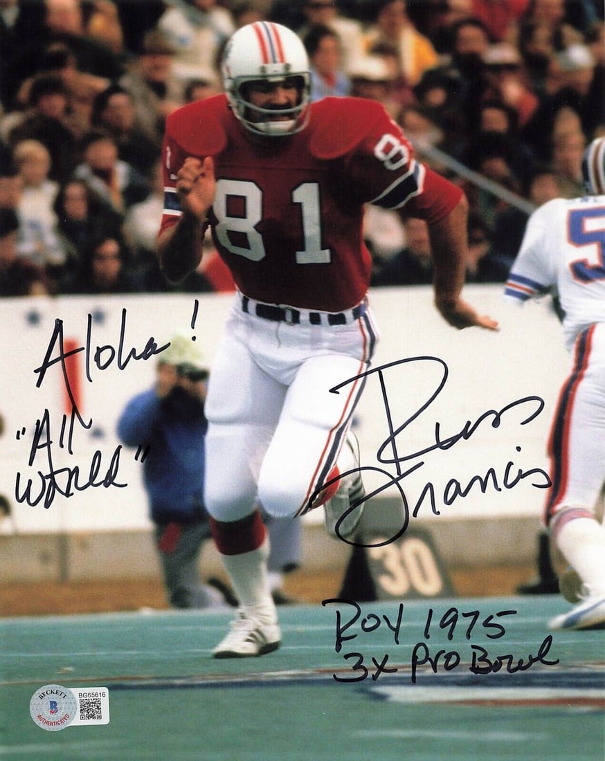 Russ Francis (Patriots) signed "ROY 1975/3X Pro Bowl" 8x10 photo-BAS BG65616: Russ Francis (Patriots) signed "ROY 1975/3X Pro Bowl" 8x10 photo-BAS BG65616 This is an original 8x10 photo of Russ Francis, a player for the New England Patriots, signed by him. The autograph is auth