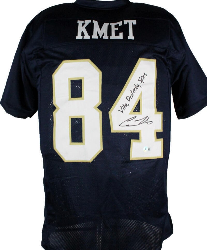 Cole Kmet Signed Notre Dame Jersey - Beckett Authenticated: Cole Kmet Signed Notre Dame Jersey - Beckett Authenticated Cole Kmet Signed Blue College Style Jersey w/Vita Dulcedo Spes-Beckett W Holo. Sport: Football. Product: Jersey. Original/Reprint: Original. 