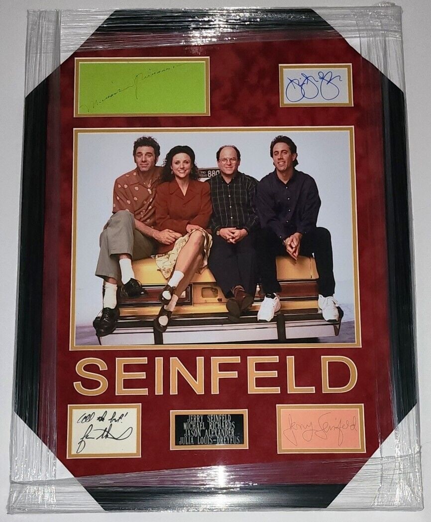 Seinfeld Cast Signed Display with Jerry Seinfeld Michael Richards and More: Seinfeld Cast Signed Display with Jerry Seinfeld Michael Richards and More This is an original signed display featuring Jerry Seinfeld and Michael Richards, authenticated by James Spence (JSA). A perf