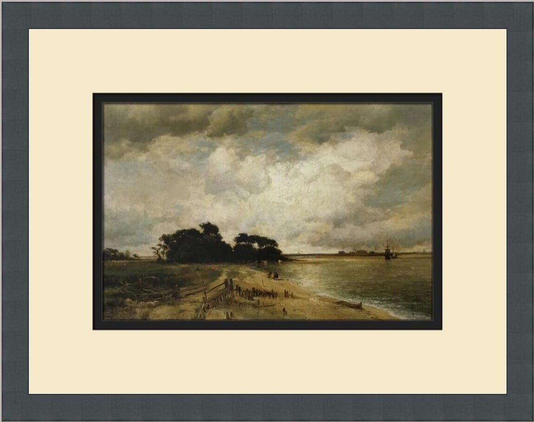 Thomas Moran Three Mile Harbor Framed Print 16x12 in Landscape: Thomas Moran Three Mile Harbor Framed Print 16x12 in Landscape A custom framed print by artist Thomas Moran titled 'Three Mile Harbor,' featuring a landscape of Long Island. This open edition print is