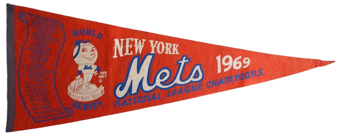 1969 New York Mets MLB World Series Felt Pennant 30x12: 1969 New York Mets MLB World Series Felt Pennant 30x12 This Vintage 1969 New York Mets World Series Scroll Team Baseball Pennant measures 30x12 inches and is made of felt. It features the New York Met