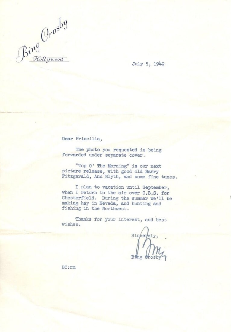 Bing Crosby Signed Personal Letter Legendary Singer PSA Authenticated: Bing Crosby Signed Personal Letter Legendary Singer PSA Authenticated A remarkable personal letter signed by the legendary singer Bing Crosby, authenticated by PSA. Perfect for music collectors and fa