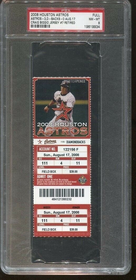 2008 Craig Biggio Retired Jersey Game Ticket Astros vs Diamondbacks: 2008 Craig Biggio Retired Jersey Game Ticket Astros vs Diamondbacks 2008 Diamondbacks @ Astros Ticket 8/17 Craig Biggio Jersey Retired PSA. Sport: Baseball-MLB. Player: Craig Biggio. Team-Baseball: As