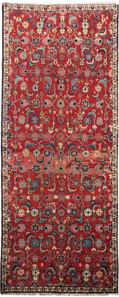 Handmade Persian Mahal Rug 4 x 10 Red Ivory Blue Wool: Handmade Persian Mahal Rug 4 x 10 Red Ivory Blue Wool This exquisite 4 x 10 Red Traditional Persian Mahalat Handmade Rug showcases a stunning combination of red, ivory, and blue colors. Handwoven in I