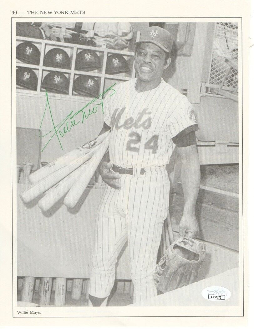 Willie Mays Autographed 8.5 Inch by 11 Inch Photo New York Mets JSA: Willie Mays Autographed 8.5 Inch by 11 Inch Photo New York Mets JSA This is an original 8.5X11 magazine photo signed by baseball legend Willie Mays. The photograph features Mays during his time with t