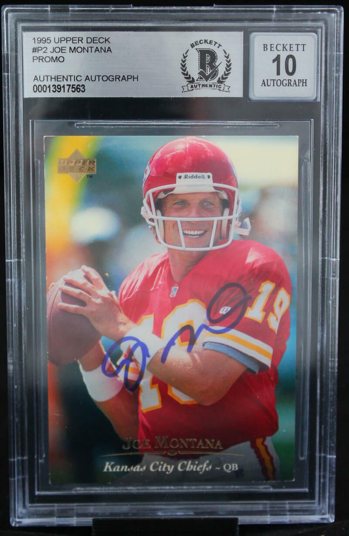 Joe Montana 1995 Upper Deck #P2 Autograph Kansas City Chiefs: Joe Montana 1995 Upper Deck #P2 Autograph Kansas City Chiefs This collectible features a Joe Montana autograph from the 1995 Upper Deck set, showcasing his time with the Kansas City Chiefs. The card i