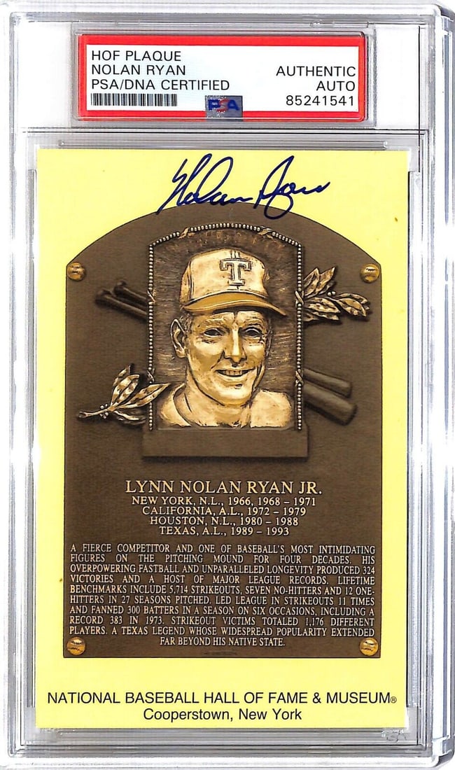 Nolan Ryan Autographed HOF Plaque PSA/DNA Texas Rangers: Nolan Ryan Autographed HOF Plaque PSA/DNA Texas Rangers This is an original Hall of Fame plaque featuring the autograph of baseball legend Nolan Ryan. Authenticated by PSA/DNA, this plaque is a must-h