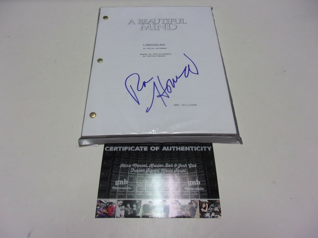 Ron Howard A Beautiful Mind Signed Movie Script with COA: Ron Howard A Beautiful Mind Signed Movie Script with COA RON HOWARD A BEAUTIFUL MIND DIRECTOR W/COA SIGNED FULL MOVIE SCRIPT. Original/Reproduction: Original. Object Type: Photograph. Industry: Movies