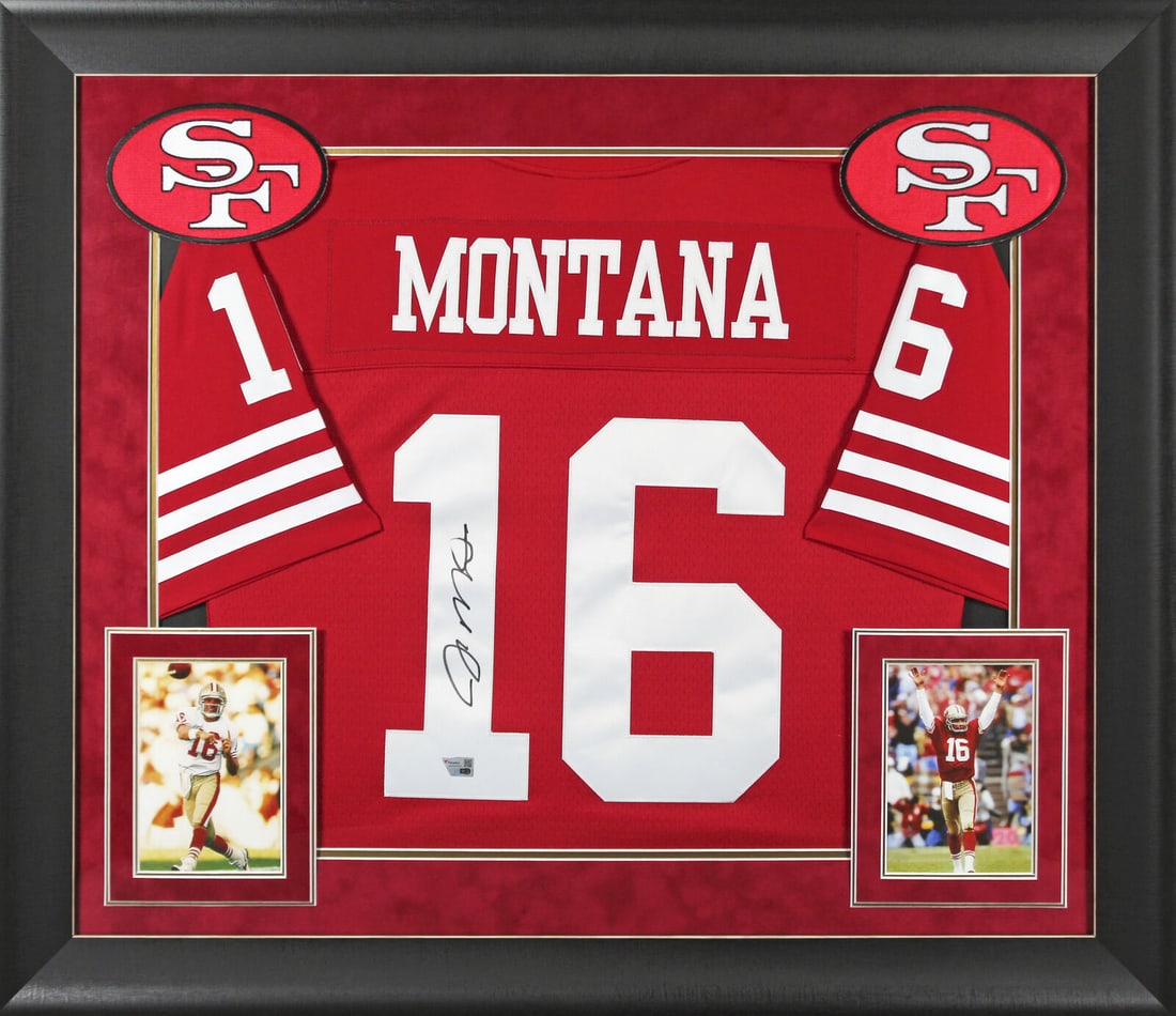 Joe Montana Signed San Francisco 49ers Red Jersey Framed by Mitchell & Ness: Joe Montana Signed San Francisco 49ers Red Jersey Framed by Mitchell & Ness This original Joe Montana signed jersey features the iconic red color of the San Francisco 49ers. Framed for display, it inc