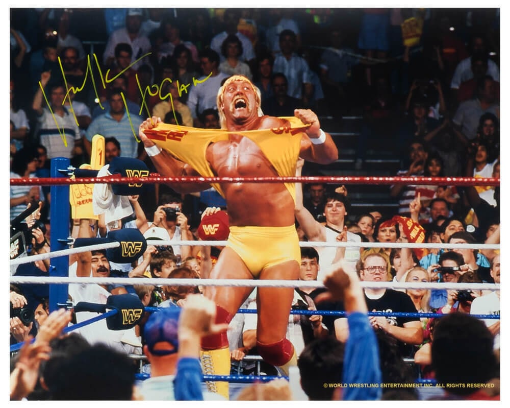 Hulk Hogan Signed WWE Hulkamania 16x20 Photo with Schwartz COA: Hulk Hogan Signed WWE Hulkamania 16x20 Photo with Schwartz COA This is a Hulk Hogan Signed WWE Hulkamania Wrestling 16x20 Photo featuring an original autograph. The photo is authenticated with a Schwa