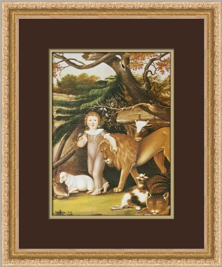 Edward Hicks Peaceable Kingdom Custom Framed Print 1982: Edward Hicks Peaceable Kingdom Custom Framed Print 1982 This Edward Hicks print titled "Peaceable Kingdom of the Branch" is a stunning example of Primitivism art. The piece, produced in 1982, features