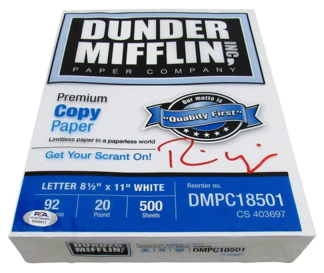 Rainn Wilson Signed Dunder Mifflin Copy Paper PSA/DNA Authentic: Rainn Wilson Signed Dunder Mifflin Copy Paper PSA/DNA Authentic Rainn Wilson signed Dunder Mifflin copy paper from "The Office." This item is an original piece authenticated by PSA/DNA, ensuring its l