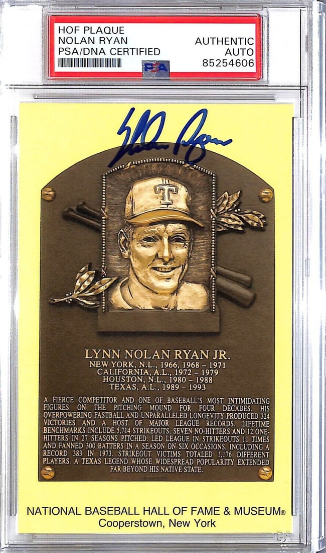 Nolan Ryan Autographed HOF Plaque Texas Rangers PSA/DNA: Nolan Ryan Autographed HOF Plaque Texas Rangers PSA/DNA Nolan Ryan Autographed Yellow HOF Plaque PSA/DNA *4606. Sport: Baseball. Player: Nolan Ryan. Signed: Yes. Authentication: PSA/DNA. Original/Repr