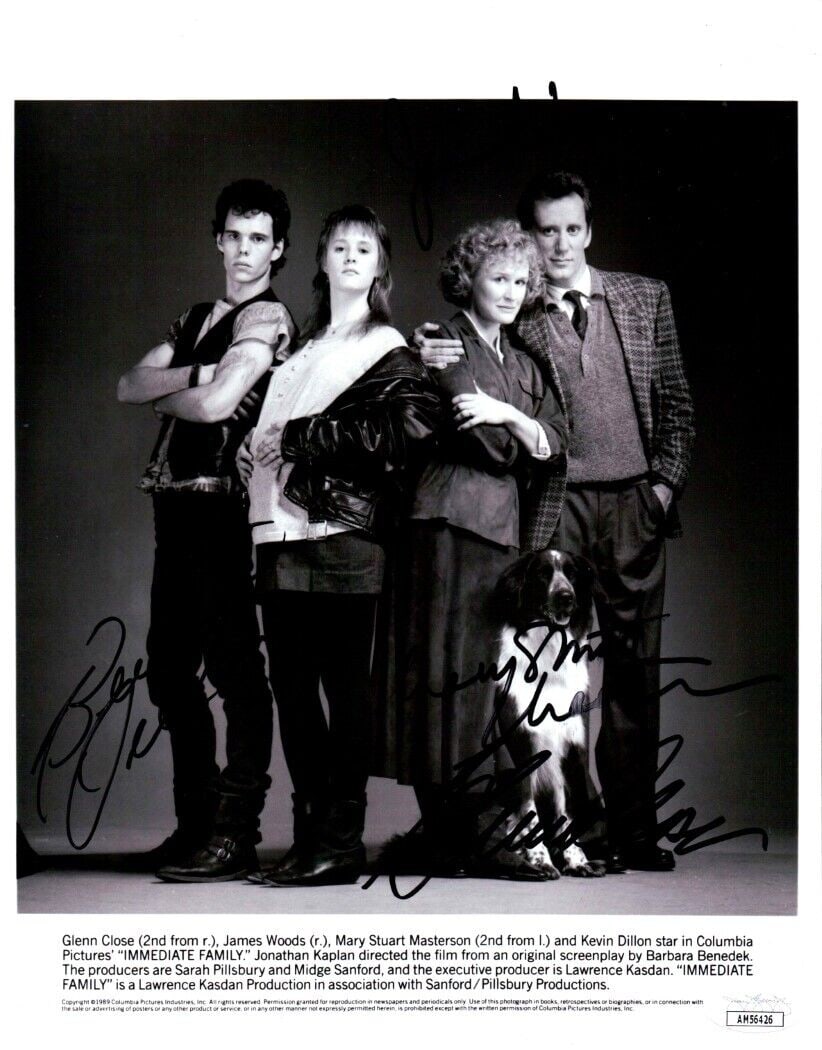 Immediate Family Cast Autographed 8x10 Photo Glenn Close Woods +2 JSA: Immediate Family Cast Autographed 8x10 Photo Glenn Close Woods +2 JSA This is an original 8x10 photograph from the movie 'Immediate Family,' featuring autographs from Glenn Close and two additional ca