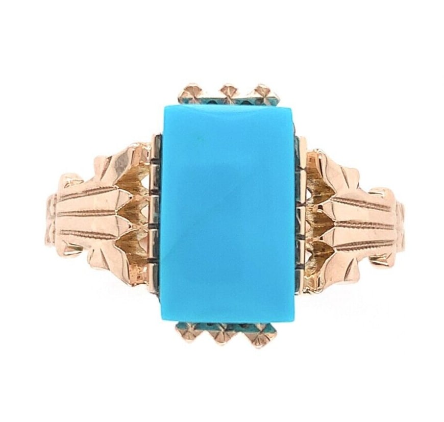 Victorian 10k Rose Gold Turquoise Ring Size 7.75 Antique 1890s: Victorian 10k Rose Gold Turquoise Ring Size 7.75 Antique 1890s This exquisite Victorian ring features a stunning 10k rose gold setting with a genuine natural Sleeping Beauty turquoise stone. The ring 