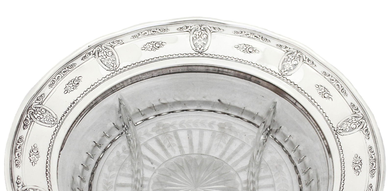 Rose Point Sterling Silver and Crystal Sectional by Wallace Silversmiths: Rose Point Sterling Silver and Crystal Sectional by Wallace Silversmiths Rose Point Sterling Silver & Crystal Sectional. Creator: Wallace Silversmiths (Manufacturer). Dimensions: Height: 1 in (2.54 cm