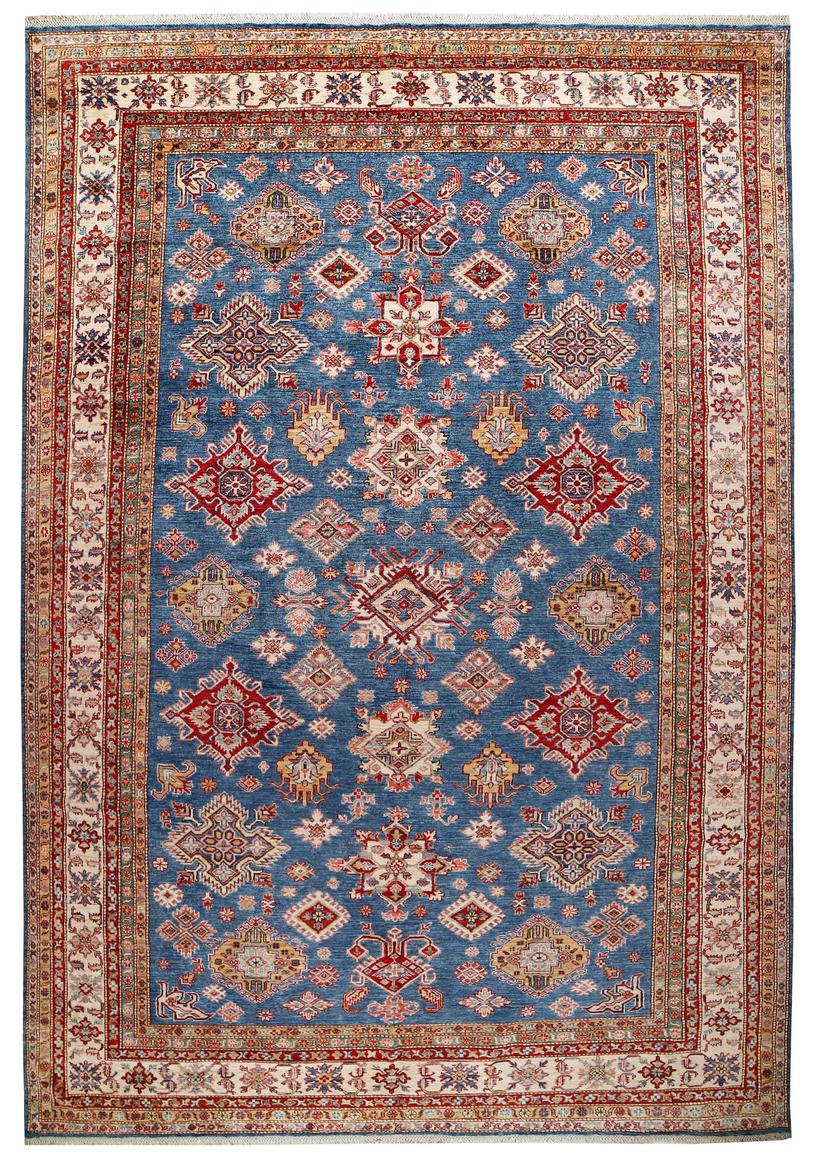 Hand-Knotted Kazak Rug 10 x 15 Feet Blue Ivory Rust Fine Wool: Hand-Knotted Kazak Rug 10 x 15 Feet Blue Ivory Rust Fine Wool This exquisite hand-knotted Kazak rug is crafted from fine wool, featuring a stunning combination of blue, ivory, and rust colors. Measuri