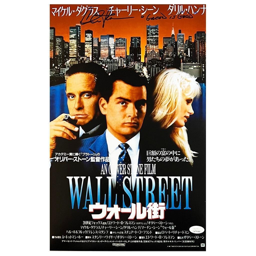 Charlie Sheen Signed Wall Street Movie Poster with Greed is Good Inscription: Charlie Sheen Signed Wall Street Movie Poster with Greed is Good Inscription This Charlie Sheen signed Wall Street Japanese movie poster features the iconic "Greed is Good" inscription. The 11x17 phot