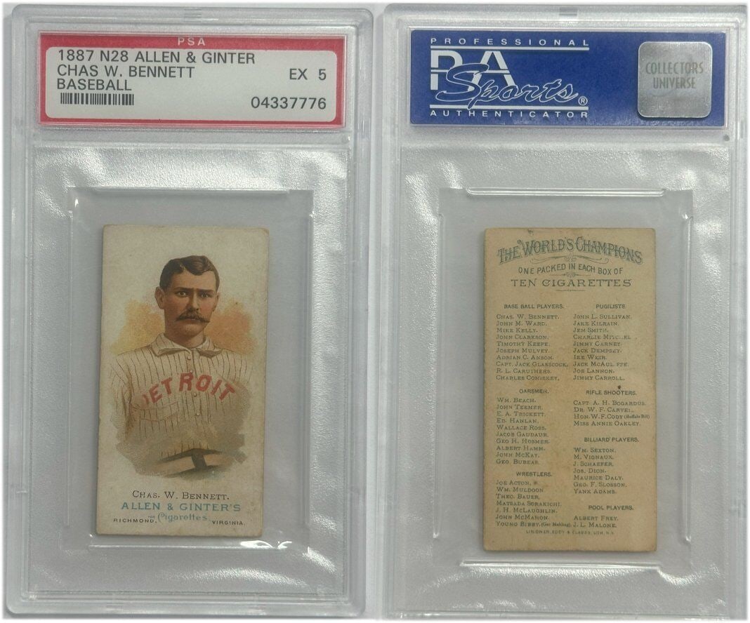 Chas W Bennett 1887 Topps PSA 5 Baseball Card Detroit Wolverines: Chas W Bennett 1887 Topps PSA 5 Baseball Card Detroit Wolverines Chas W Bennett 1887 N28 Allen & Ginter Centered PSA 5 Ex Detroit. This baseball card features Chas W Bennett, associated with the Detro