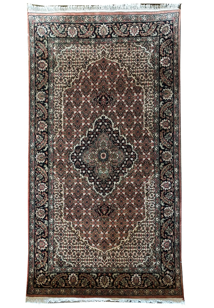Hand-Knotted 3 x 5 Mahi Area Rug in Rust Wool Silk Blend: Hand-Knotted 3 x 5 Mahi Area Rug in Rust Wool Silk Blend This exquisite 3 x 5 Mahi Rug features a stunning blend of wool and silk, showcasing a beautiful rust color complemented by ivory, blue, and ol
