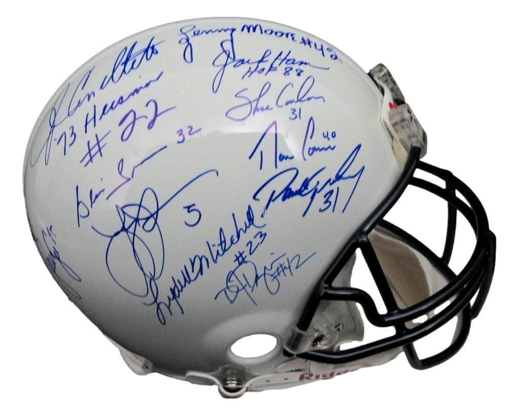 Penn State Multi-Signed Football Helmet by 13 Players: Penn State Multi-Signed Football Helmet by 13 Players This original Penn State football helmet features signatures from 13 players, making it a perfect piece for collectors and fans. Ideal for display