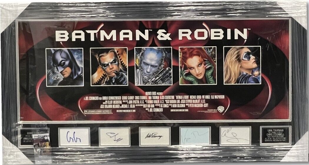 Batman & Robin Cast Signed Framed Cuts George Clooney Arnold Schwarzenegger Uma Thurman Chris: Batman & Robin Cast Signed Framed Cuts George Clooney Arnold Schwarzenegger Uma Thurman Chris O'Donnell This original framed cut features autographs from the cast of Batman & Robin, including George C