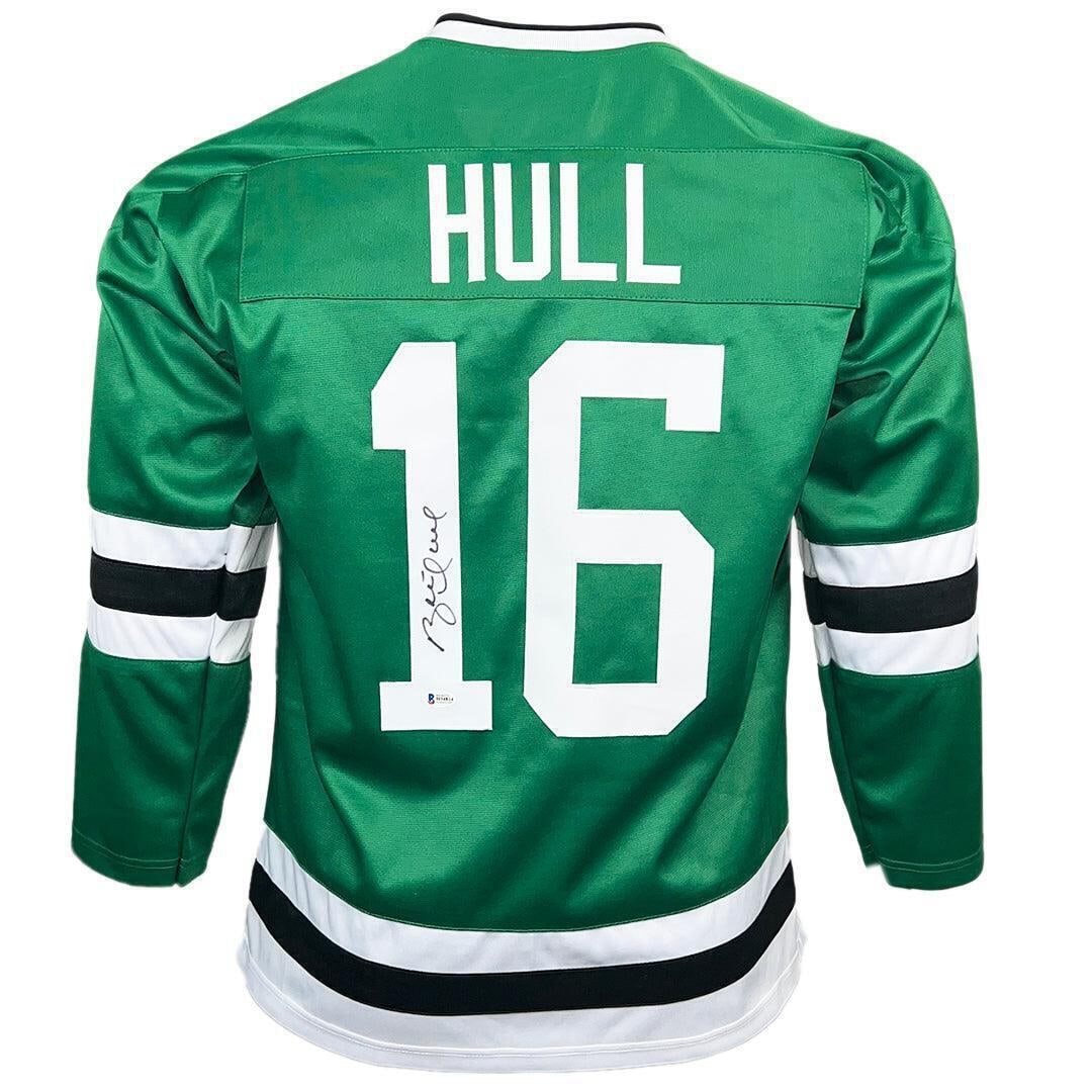 Brett Hull Signed Dallas Pro-Edition Green Hockey Jersey XL NHL: Brett Hull Signed Dallas Pro-Edition Green Hockey Jersey XL NHL This is a professional style green custom replica hockey jersey autographed by Brett Hull, authenticated by Beckett. It comes with a Cer