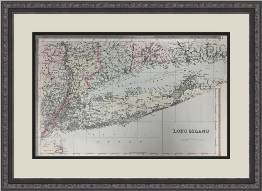 Antique 1889 Long Island NY Map Custom Framed with Museum Quality Glass: Antique 1889 Long Island NY Map Custom Framed with Museum Quality Glass This antique original map of Long Island, NY, dates back to 1889 and features a lithograph printing technique. The map, measurin