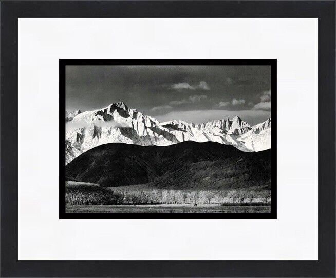 Ansel Adams Winter Sunrise Sierra Nevada Print Framed 16x18 in: Ansel Adams Winter Sunrise Sierra Nevada Print Framed 16x18 in This custom framed print titled 'Winter Sunrise Sierra Nevada Lone Pine CA' by Ansel Adams features a landscape orientation. The piece is