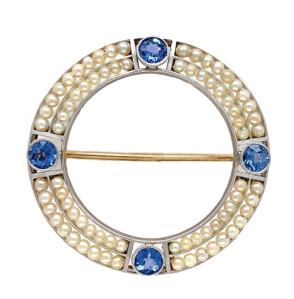 Antique 14k Yellow Gold Platinum Sapphire Seed Pearl Pin GIA Certified: Antique 14k Yellow Gold Platinum Sapphire Seed Pearl Pin GIA Certified This exquisite pin features a stunning combination of 14k yellow gold and platinum, showcasing four cornflower blue Montana sapph