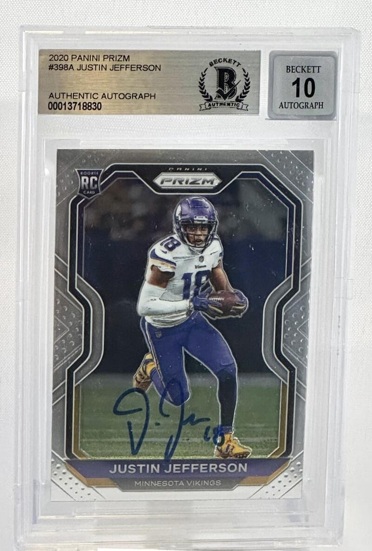 2020 Panini Prizm Justin Jefferson Autographed Card Minnesota Vikings BAS 10: 2020 Panini Prizm Justin Jefferson Autographed Card Minnesota Vikings BAS 10 This is a 2020 Panini Prizm #398A autographed sports trading card featuring NFL player Justin Jefferson from the Minnesota 