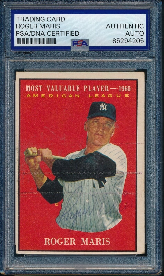 Roger Maris Autographed 1961 Topps Baseball Card NY Yankees PSA/DNA: Roger Maris Autographed 1961 Topps Baseball Card NY Yankees PSA/DNA Roger Maris Signed/Autographed 1961 Topps Card #478 NY Yankees PSA/DNA 190590. Original/Reprint: Original. Product: Photo. Sport: Ba