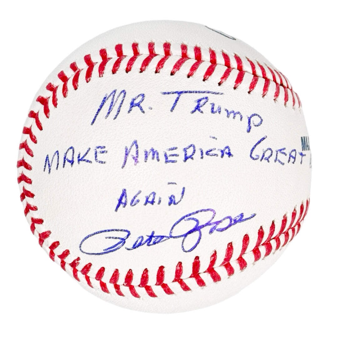 Pete Rose Signed MLB Baseball Mr Trump Inscription JSA Authenticated: Pete Rose Signed MLB Baseball Mr Trump Inscription JSA Authenticated Pete Rose Signed Mr Trump Make America Great Again Inscription Rawlings Official Major League Baseball. This authentic Major League