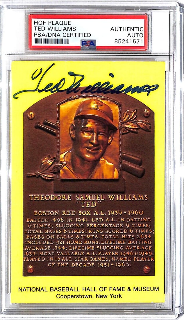 Ted Williams Autographed HOF Plaque Boston Red Sox PSA/DNA: Ted Williams Autographed HOF Plaque Boston Red Sox PSA/DNA Ted Williams Autographed Yellow HOF Plaque Red Sox PSA/DNA *1571. Sport: Baseball. Player: Ted Williams. Signed: Yes. Authentication: PSA/DNA