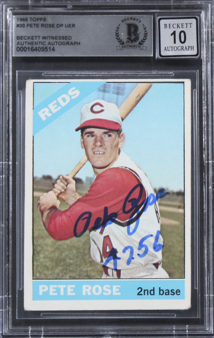 Pete Rose Signed 1966 Topps #30 Card Auto 10 BAS Slabbed: Pete Rose Signed 1966 Topps #30 Card Auto 10 BAS Slabbed This is a signed 1966 Topps #30 baseball card featuring Pete Rose, a legendary player for the Cincinnati Reds. The card is authenticated by Bec