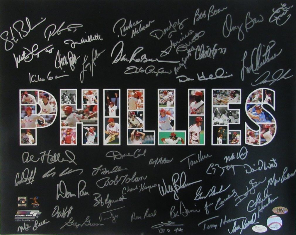 Philadelphia Phillies Multi-Signed 16x20 Photo with JSA Authentication: Philadelphia Phillies Multi-Signed 16x20 Photo with JSA Authentication This original 16x20 photo features over 35 multi-signatures from Philadelphia Phillies greats. Authenticated by JSA, this unique 