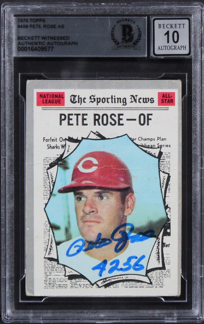 Pete Rose Signed 1970 Topps #458 Card Auto 10 BAS Slabbed: Pete Rose Signed 1970 Topps #458 Card Auto 10 BAS Slabbed This is an original 1970 Topps #458 baseball card featuring Pete Rose, signed by the player himself. The card has been graded with an autograp