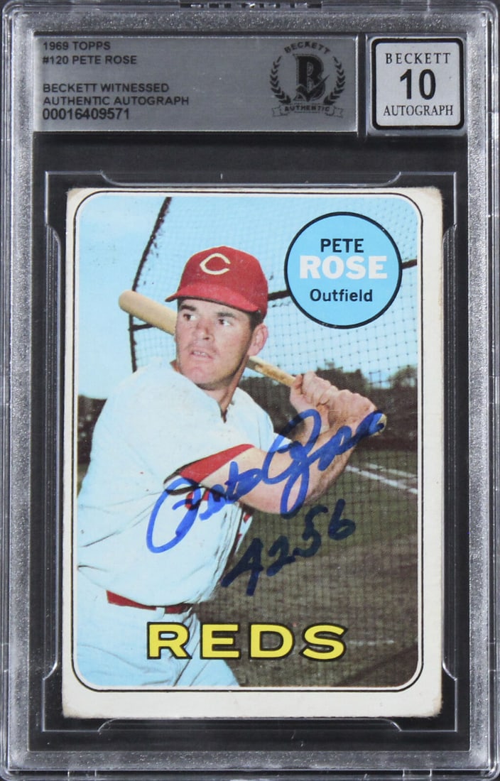 Pete Rose Signed 1969 Topps #120 Baseball Card Graded 10 BAS Slab: Pete Rose Signed 1969 Topps #120 Baseball Card Graded 10 BAS Slab This is an original 1969 Topps #120 baseball card featuring Pete Rose of the Cincinnati Reds. It is signed by Pete Rose and has been g