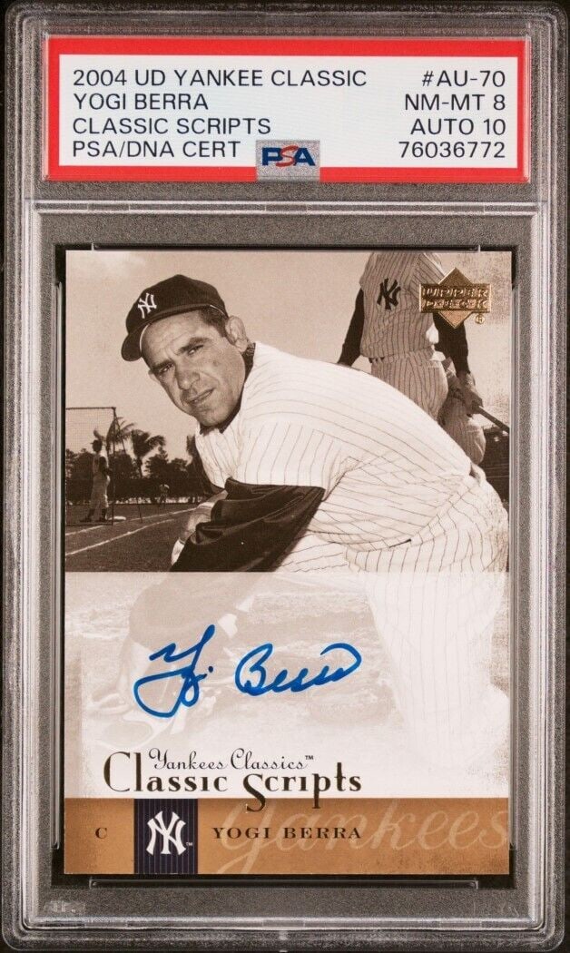 Yogi Berra 2004 Upper Deck Auto PSA 8/10 Yankees Card: Yogi Berra 2004 Upper Deck Auto PSA 8/10 Yankees Card This 2004 Upper Deck Yankees Classic Scripts card features Yogi Berra, a legendary baseball player. Graded PSA 8/10, this card is a must-have for 