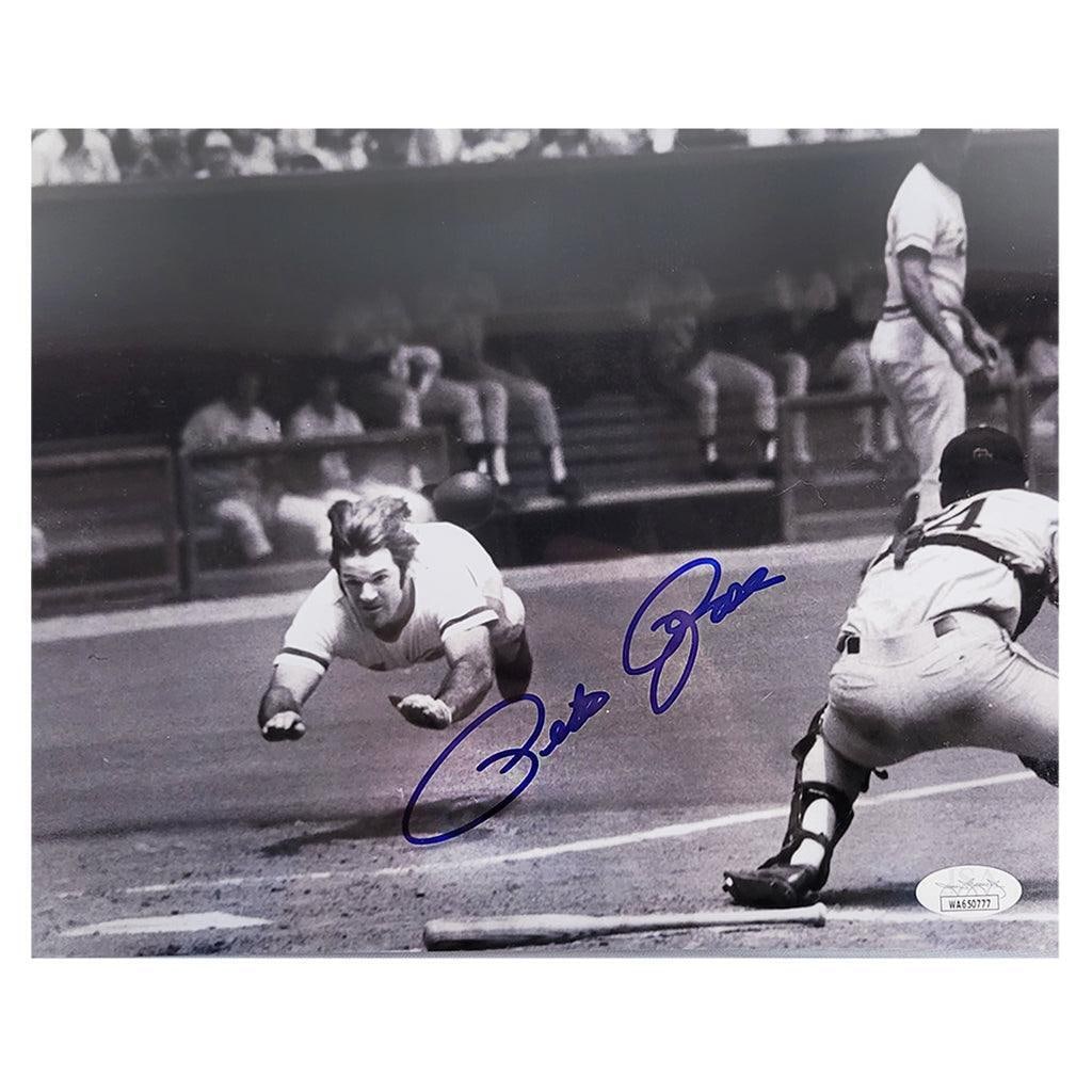 Pete Rose Signed 8x10 Baseball Photo with JSA Authentication: Pete Rose Signed 8x10 Baseball Photo with JSA Authentication This is an original 8x10 baseball photo autographed by Pete Rose, featuring his iconic sliding pose. The autograph has been authenticated b