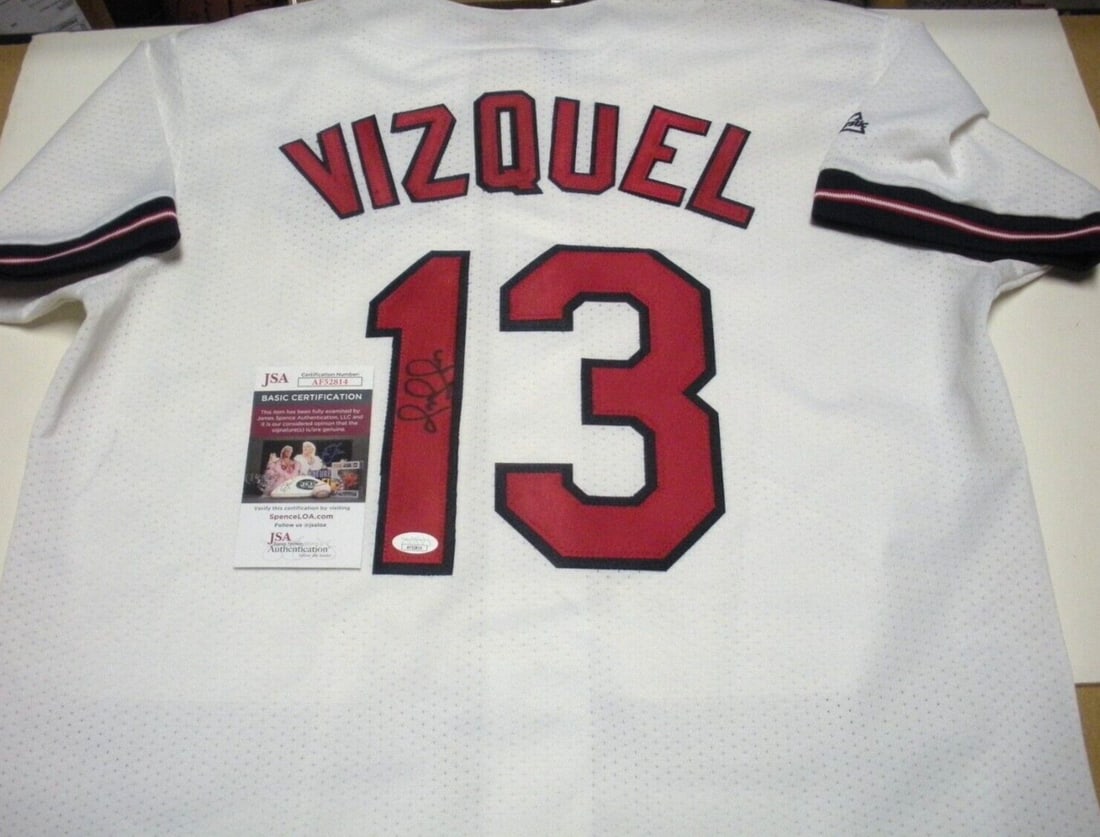 Omar Vizquel Cleveland Indians Majestic Jersey Signed with JSA COA: Omar Vizquel Cleveland Indians Majestic Jersey Signed with JSA COA OMAR VIZQUEL CLEVELAND INDIANS JSA/COA SIGNED OFFICIAL LICENSED MAJESTIC JERSEY. Sport: Baseball-MLB. Original/Reprint: Original. Pro