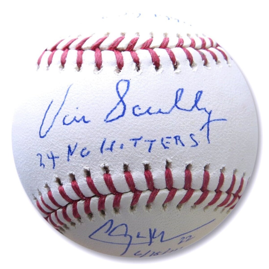 Vin Scully Koufax Kershaw Valenzuela Signed No Hitter Baseball JSA: Vin Scully Koufax Kershaw Valenzuela Signed No Hitter Baseball JSA This is an original signed baseball featuring the autographs of Vin Scully, Sandy Koufax, Clayton Kershaw, and Fernando Valenzuela, c