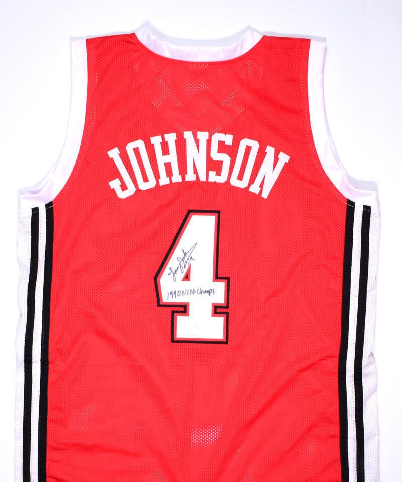 Larry Johnson Autographed Red College Basketball Jersey UNLV: Larry Johnson Autographed Red College Basketball Jersey UNLV Larry Johnson Autographed Red College Style Jersey w/Natl Champs- JSA W *Black. Sport: Basketball. Product: Jersey. Original/Reprint: Origi