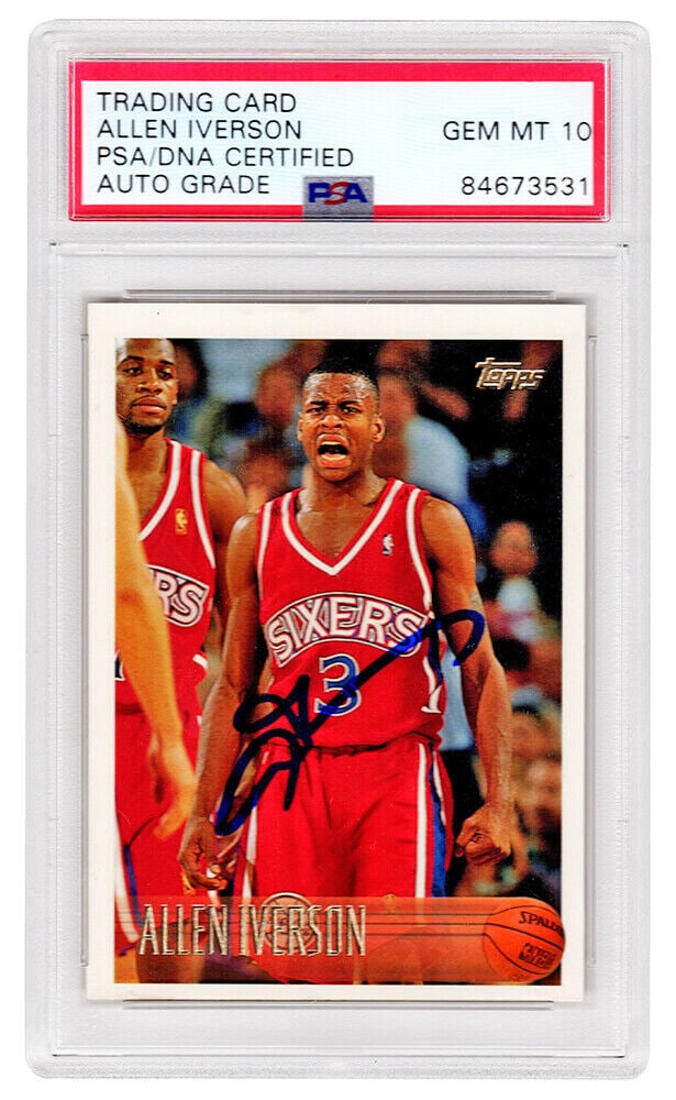 Allen Iverson Autographed 1996 Topps Rookie Card PSA Auto Grade 10: Allen Iverson Autographed 1996 Topps Rookie Card PSA Auto Grade 10 This is an original autographed 1996 Topps rookie card #171 of Allen Iverson, a legendary NBA player for the Philadelphia 76ers. The 